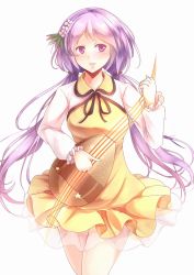 Rule 34 | 1girl, biwa lute, blush, dress, frills, hair ornament, highres, instrument, kanzakietc, long hair, lute (instrument), one-hour drawing challenge, simple background, solo, thighs, touhou, tsukumo benben, twintails