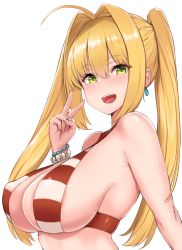 Rule 34 | 1girl, :d, ahoge, armpit crease, bare shoulders, bead bracelet, beads, bikini, blonde hair, blush, bracelet, breasts, cleavage, commentary request, covered erect nipples, earrings, fate/grand order, fate (series), green eyes, hair between eyes, hair intakes, hand up, jewelry, large breasts, long hair, looking at viewer, mitsukazu (nijigen complex), nero claudius (fate), nero claudius (fate) (all), nero claudius (swimsuit caster) (fate), open mouth, red bikini, sideboob, sidelocks, simple background, smile, solo, striped bikini, striped clothes, swimsuit, twintails, upper body, v, white background