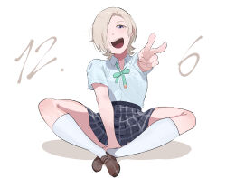 Rule 34 | 1girl, between legs, birthday, blonde hair, blue skirt, bow, bowtie, brown footwear, checkered clothes, checkered skirt, commentary, dated, green bow, green bowtie, hair over one eye, hand between legs, hand up, highres, looking at viewer, love live!, love live! nijigasaki high school idol club, mia taylor, open mouth, purple eyes, s 888403, shirt, shoes, short hair, short sleeves, sitting, skirt, smile, socks, solo, teeth, thighs, upper teeth only, v, white background, white shirt, white socks, wing collar