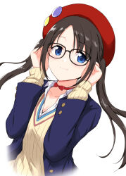 Rule 34 | 1girl, black-framed eyewear, black hair, blue eyes, blue jacket, blush, breasts, choker, cleavage, closed mouth, collarbone, cropped torso, dot nose, glasses, hands up, hat, highres, idolmaster, idolmaster shiny colors, jacket, long hair, long sleeves, looking at viewer, marugoshi (54burger), mitsumine yuika, open clothes, open jacket, red hat, red ribbon, ribbon, ribbon choker, shirt, simple background, small breasts, smile, solo, sweater, twintails, white background, white shirt, yellow sweater
