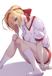 Rule 34 | 10s, 1girl, bare legs, blonde hair, breasts, buruma, closed mouth, collarbone, double bun, fate/extra, fate (series), green eyes, gym uniform, hair bun, hair ribbon, hairband, highres, knees together feet apart, knees up, looking at viewer, medium breasts, nero claudius (fate), nero claudius (fate) (all), nero claudius (fate/extra), nero claudius (olympian bloomers) (fate), nian (zhanian), official alternate costume, red buruma, red hairband, red ribbon, ribbon, shadow, shirt, sitting, smile, socks, solo, white shirt, white socks