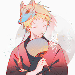 Rule 34 | 1boy, atou haruki, blonde hair, chinese commentary, closed eyes, fox mask, hand fan, highres, holding, holding fan, japanese clothes, kimono, long hair, mask, mask on head, paper fan, parted lips, red kimono, saibou shinkyoku, short hair, smile, solo, uchiwa, xiao228