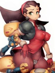 Rule 34 | 1girl, big hair, black hair, breasts, brown pantyhose, capcom, closed mouth, covered erect nipples, cowboy shot, crotch plate, earrings, fumio (rsqkr), gloves, green eyes, grey background, highres, impossible clothes, jewelry, medium breasts, mega man (series), mega man legends (series), necklace, pantyhose, pink gloves, servbot (mega man), short sleeves, simple background, skin tight, skull earrings, thighs, tron bonne (mega man), vest, white background