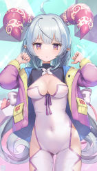 Rule 34 | 1girl, :o, ahoge, blue background, blue hair, breasts, covered navel, cowboy shot, curly hair, demon girl, demon horns, demon tail, gluteal fold, highres, horns, jacket, light blue hair, long hair, long sleeves, looking at viewer, medium breasts, original, pink horns, pink jacket, pointy ears, purple eyes, saebashi, solo, tail, very long hair