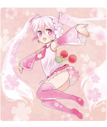 Rule 34 | 1girl, boots, cherry, detached sleeves, food, food-themed ornament, fruit, hatsune miku, headset, long hair, necktie, open mouth, outstretched arms, pink eyes, pink hair, sakura miku, skirt, solo, spread arms, thigh boots, thighhighs, twintails, very long hair, vocaloid, y100