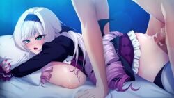 Rule 34 | 1girl, bed, blue background, blue eyes, blush, breast press, breasts, breasts out, censored, cum, cum in pussy, drill hair, embarrassed, eyebrows hidden by hair, from side, game cg, gamen kara detekita oshi vtuber to h na dousei seikatsu, huge breasts, legs, long hair, lying, mosaic censoring, multicolored hair, nipples, hugging object, on bed, on stomach, open mouth, original, penis, pillow, pillow hug, prone bone, satou d. ruby, sex, sex from behind, simple background, skirt, thighhighs, thighs, two-tone hair, vaginal, yu-ta