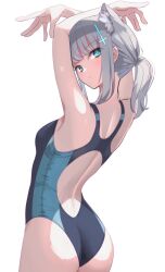 Rule 34 | 1girl, animal ear fluff, animal ears, arms up, ass, black one-piece swimsuit, blue archive, blue eyes, breasts, competition swimsuit, cowboy shot, cross hair ornament, extra ears, from behind, grey hair, hair ornament, halo, highres, looking at viewer, low ponytail, medium hair, mismatched pupils, multicolored clothes, multicolored swimsuit, ninomiya nono, official alternate costume, one-piece swimsuit, shiroko (blue archive), shiroko (swimsuit) (blue archive), simple background, small breasts, solo, swimsuit, white background, wolf ears