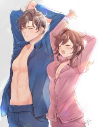 Rule 34 | 1boy, 1girl, abs, arms up, blue pajamas, blue pants, blue shirt, breasts, brown hair, character request, closed eyes, highres, long hair, long sleeves, medium breasts, mirin pengin, muscular, muscular male, open clothes, open mouth, open shirt, pajamas, pants, pink pajamas, pink pants, pink shirt, shirt, tears of themis, waking up