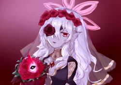 Rule 34 | 1girl, animal ears, bat ears, bat girl, bouquet, bride, dress, embla (closed-off bride) (fire emblem), embla (fire emblem), fire emblem, fire emblem heroes, flower, flower eyepatch, gem, gold trim, halo, holding, holding bouquet, mayo chocomint, nintendo, official alternate costume, pale skin, red brooch, red eyes, red flower, red gemstone, red halo, red rose, rose, wedding dress, white hair