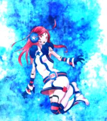 Rule 34 | 1girl, ahoge, android, boots, cuffs, dress, gloves, headphones, joints, kneehighs, long hair, open mouth, red eyes, red hair, robot joints, sf-a2 miki, socks, solo, star (symbol), striped clothes, striped socks, striped thighhighs, t (shinru), thighhighs, vocaloid