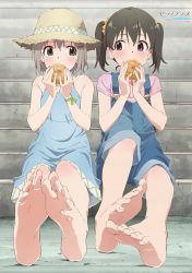 Rule 34 | 10s, 2girls, bare shoulders, barefoot, black hair, blush, dress, eating, feet, food, foot focus, green eyes, grey hair, hat, highres, kuraue hinata, multiple girls, official art, overalls, purple eyes, resized, scan, short hair, short twintails, sitting, sitting on stairs, soles, stairs, straw hat, sundress, toes, twintails, upscaled, waifu2x, yama no susume, yukimura aoi