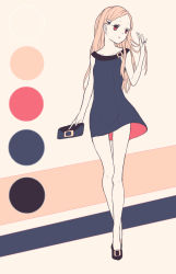 Rule 34 | 1girl, bare legs, blue nails, buckle, color guide, dress, flats, full body, hand in own hair, highres, holding, holding wallet, limited palette, long hair, looking at hand, massuru, nail polish, original, parted lips, red eyes, solo, wallet