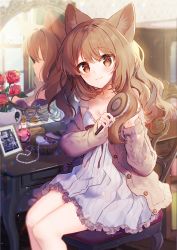 Rule 34 | 1girl, animal ear fluff, animal ears, blush, breasts, brown eyes, brown hair, brown jacket, closed mouth, commentary, drawing (object), dress, english commentary, flower, frilled dress, frills, hair between eyes, hair brush, highres, holding, holding brush, jacket, kawachi rin, long hair, long sleeves, looking at viewer, mirror, off shoulder, open clothes, open jacket, original, picture frame, pleated dress, red flower, red rose, rose, sleeveless, sleeveless dress, sleeves past wrists, small breasts, smile, solo, strap slip, striped clothes, striped dress, vase, vertical-striped clothes, vertical-striped dress, very long hair, white dress