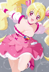 Rule 34 | 1girl, blonde hair, boots, bow, breasts, brooch, choker, cleavage, cure peach, dress, earrings, fresh precure!, fuchi (nightmare), grey background, hair ornament, heart, heart brooch, heart earrings, heart hair ornament, highres, jewelry, long hair, magical girl, medium breasts, open mouth, pink bow, pink choker, pink eyes, pink footwear, precure, smile, solo, sparkle, standing, standing on one leg, twintails, wrist cuffs