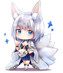 Rule 34 | 1girl, :&lt;, animal ears, azur lane, blue eyes, blue skirt, breasts, chibi, closed mouth, fox ears, fox girl, fox mask, fox shadow puppet, fox tail, hakama, hakama short skirt, hakama skirt, highres, holding, holding mask, japanese clothes, kaga (azur lane), kitsune, kyuubi, looking at viewer, mask, medium breasts, multiple tails, pleated skirt, short hair, silver hair, skirt, solo, sukemyon, tail, white background