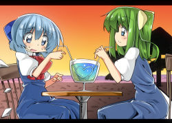 Rule 34 | 2girls, ase (nigesapo), beach, blue eyes, blue hair, blush, bow, chair, cirno, d:, daiyousei, dating, dress, drink, fairy wings, green hair, hair bow, heart, ice, ice wings, letterboxed, long dress, low wings, multiple girls, on chair, open mouth, pointing, puffy short sleeves, puffy sleeves, shared straw, short hair, short sleeves, side ponytail, sitting, smile, sweatdrop, table, touhou, wings, yuri