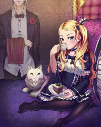 Rule 34 | 1boy, 1girl, absurdres, bed, black thighhighs, blonde hair, blue eyes, butler, cake, cat, collarbone, corsage, cup, detached sleeves, drinking, feet, food, fork, formal, fruit, head out of frame, heterochromia, highres, no shoes, on bed, original, pillow, plate, sakimeikun-daze, sitting, suit, teacup, thighhighs, towel, white cat, white hair