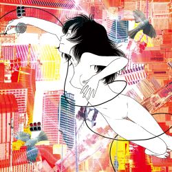 Rule 34 | 1girl, abstract background, album cover, bird, breasts, building, cable, completely nude, cover, female pubic hair, gotou mariko, greyscale with colored background, highres, holding, holding microphone, long hair, looking to the side, microphone, nipples, nude, original, pigeon, profile, pubic hair, small breasts, solo, thigh gap, traffic light, yamamoto naoki