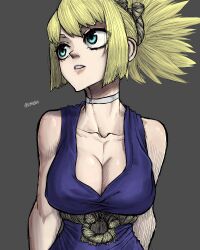 Rule 34 | 1girl, blonde hair, blue eyes, breasts, cleavage, dr. stone, grey background, kohaku (dr. stone), large breasts, limn044, ponytail, simple background, solo