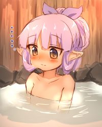 Rule 34 | ..., 1girl, bath, blush, brown eyes, closed mouth, collarbone, commentary request, hair between eyes, hair ribbon, hair rings, hair up, highres, kyouka (princess connect!), nude, onsen, ooba jun, partially submerged, princess connect!, purple hair, purple ribbon, ribbon, solo, water, wavy mouth