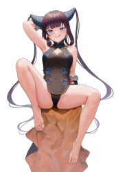 Rule 34 | 1girl, bare shoulders, barefoot, black dress, black hair, black panties, blue eyes, blush, china dress, chinese clothes, dress, fate/grand order, fate (series), full body, hair ornament, highres, leaf hair ornament, long hair, looking at viewer, panties, purple hair, sidelocks, simple background, smile, solo, spread legs, thighs, tongue, tongue out, twintails, underwear, very long hair, white background, y.i. (lave2217), yang guifei (fate), yang guifei (second ascension) (fate)
