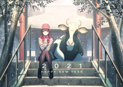 Rule 34 | 1girl, 2021, animal, beanie, black footwear, black pantyhose, boots, branch, building, cow, happy new year, hat, highres, jacket, koh rd, leaf, long sleeves, new year, original, pantyhose, red hat, scarf, shoes, shrine, sitting, solo, stairs, torii, tree