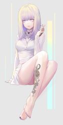 Rule 34 | 1girl, absurdres, arm support, bad id, bad pixiv id, barefoot, bra, bra visible through clothes, breasts, candy, choker, diamond ring, food, full body, grey background, highres, holding, holding food, huyou (awegk), jewelry, leg tattoo, lollipop, long hair, long sleeves, looking at viewer, medium breasts, nail polish, necklace, original, parted lips, purple eyes, purple nails, shirt, sidelocks, simple background, sitting, skirt, solo, tattoo, thighs, underwear, white bra, white choker, white hair, white shirt, white skirt