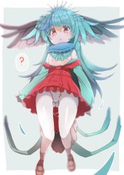 Rule 34 | 10s, 1girl, ?, aqua hair, bad id, bad pixiv id, bird tail, blue hair, blush, brown eyes, clothes pull, commentary, dress pull, flat chest, full body, grey background, hair between eyes, head wings, heart, heart-shaped pupils, highres, kemono friends, long hair, long sleeves, looking at viewer, multicolored hair, nipples, pantyhose, resplendent quetzal (kemono friends), simple background, solo, spoken question mark, symbol-shaped pupils, tail, teranekosu, white pantyhose, wings