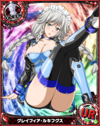 Rule 34 | 10s, 1girl, alternate costume, artist request, braid, breasts, card (medium), character name, chess piece, cleavage, grayfia lucifuge, grey eyes, high school dxd, large breasts, lipstick, maid headdress, makeup, official art, queen (chess), red lips, silver hair, solo, thighhighs, twin braids