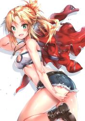 Rule 34 | 1girl, :d, absurdres, ass, bandeau, bare shoulders, belt, blonde hair, blush, cleavage cutout, clothing cutout, cutoffs, denim, denim shorts, fate/apocrypha, fate (series), green eyes, highres, jacket, jewelry, mordred (fate), mordred (fate/apocrypha), necklace, open mouth, ponytail, riichu, scan, shorts, simple background, smile, solo, torn clothes, torn shorts, white background
