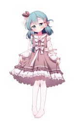 Rule 34 | 1girl, blue eyes, blue hair, blush, bow, brown bow, brown dress, closed mouth, collarbone, collared dress, detached sleeves, dress, frilled dress, frilled sleeves, frills, full body, hair bow, head tilt, highres, long hair, long sleeves, looking at viewer, no shoes, original, pantyhose, revision, see-through, setmen, simple background, skirt hold, sleeveless, sleeveless dress, sleeves past wrists, solo, standing, white background, white bow, white pantyhose, white sleeves