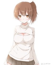 Rule 34 | 10s, 1girl, alternate costume, bad id, bad pixiv id, blush, breasts, brown eyes, brown hair, cleavage, cleavage cutout, clothing cutout, hiro (hirohiro31), kaga (kancolle), kantai collection, large breasts, long sleeves, meme attire, open-chest sweater, pleated skirt, side ponytail, skirt, solo, sweater, turtleneck
