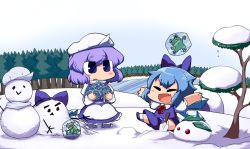 Rule 34 | 2girls, apron, bad id, bad pixiv id, blue eyes, blue hair, blush stickers, bow, chibi, cirno, closed eyes, forest, frog, frozen, frozen frog, hair bow, hat, ice block, lake, letty whiterock, multiple girls, nature, nura (oaaaaaa), outstretched arms, perfect cherry blossom, scarf, short hair, sitting, snow rabbit, snowman, touhou, tree, white scarf, wings