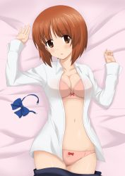 Rule 34 | 1girl, absurdres, alternate costume, arms up, bed sheet, blue bow, blue bowtie, blush, bow, bow bra, bow panties, bowtie, unworn bowtie, bra, breasts, brown eyes, brown hair, clothes pull, commentary, flatfield, from above, girls und panzer, head tilt, highres, light frown, long sleeves, looking at viewer, lying, medium breasts, nishizumi miho, on back, on bed, open clothes, open mouth, open shirt, panties, parted lips, pink bra, pink panties, school uniform, shirt, short hair, skirt, skirt pull, solo, underwear, white shirt, wing collar