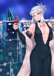 Rule 34 | 1girl, abs, absurdres, blunt bangs, bracelet, braid, breasts, bridal gauntlets, city, coat, covered navel, cup, drink, drinking glass, fate/grand order, fate (series), fur coat, highres, jewelry, kiteno kiten, medium breasts, muscular, muscular female, necklace, night, night sky, penthesilea (fate), penthesilea (shining skyscrapers) (fate), ribs, sidelocks, silver hair, sky, skyline, solo, star (sky), starry sky, wine glass, yellow eyes