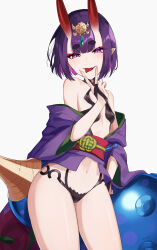 1girl absurdres bare_shoulders bob_cut breasts cup eyeliner fate/grand_order fate_(series) headpiece highres horns izanaware_game japanese_clothes kimono looking_at_viewer makeup navel oni purple_eyes purple_hair purple_kimono revealing_clothes sakazuki short_hair shuten_douji_(fate) skin-covered_horns small_breasts smile solo tongue tongue_out