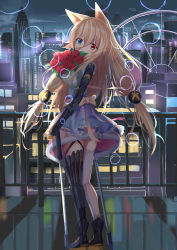 Rule 34 | 1girl, absurdres, alternate costume, animal ears, ankle boots, armor, asymmetrical legwear, blonde hair, blue eyes, blush, boots, bouquet, bow, breasts, cane, city lights, cityscape, cloud, commentary request, covered mouth, crutch, crying, dress, flower, fox ears, from behind, full body, g41 (girls&#039; frontline), girls&#039; frontline, hair between eyes, hair ornament, heterochromia, highres, holding, holding cane, long hair, looking at viewer, looking back, low-tied long hair, low twintails, natsuki (digretking), night, night sky, open mouth, railing, red eyes, ribbon, rose, sash, scenery, sidelocks, single thighhigh, sky, small breasts, solo, tears, thigh strap, thighhighs, thighs, twintails, uneven legwear, very long hair, white thighhighs