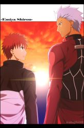 Rule 34 | 2boys, akujiki59, archer (fate), artist name, brown eyes, brown jacket, closed mouth, cloud, commentary request, emiya shirou, eye contact, fate (series), from behind, jacket, light trail, long sleeves, looking at another, looking to the side, male focus, multiple boys, official style, outdoors, red hair, short hair, sky, spiked hair, sun, sunset, twilight, watermark, white hair