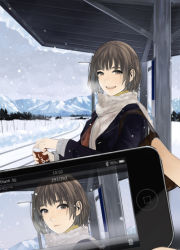 Rule 34 | 1girl, :d, bag, brown eyes, brown hair, camera phone, can, cellphone, cellphone photo, gloves, iphone, moeru iphone dokuhon, mountain, open mouth, original, phone, railroad tracks, scarf, short hair, sime (echo), smartphone, smile, snow, snowing, train station, tree, winter