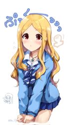 Rule 34 | 1girl, blonde hair, blue bow, blue bowtie, blue jacket, blue skirt, blush, bow, bowtie, commentary request, corrupted twitter file, cowboy shot, diagonal-striped bow, diagonal-striped bowtie, diagonal-striped clothes, highres, idolmaster, idolmaster cinderella girls, jacket, jewelry, long hair, long sleeves, looking at another, miniskirt, mochizuki hijiri, necklace, paopao, parted bangs, pleated skirt, pout, puffy cheeks, red eyes, shirt, sidelocks, skirt, solo, striped, striped clothes, thighs, twitter username, white background, white shirt