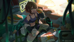 Rule 34 | 1girl, bandaid, bandaid on leg, black choker, black footwear, blurry, blurry background, brick, brick wall, broken, broken glass, brown hair, burger, cable, can, chair, cheese, choker, coat, collarbone, commission, cross, cross choker, cup, drinking straw, ear piercing, earrings, electric fan, explosion, fingernails, food, french fries, glass, graffiti, green eyes, hair between eyes, high heels, highres, holding, holding cup, holding food, indian style, indoors, jewelry, lettuce, light particles, light rays, locker, mask, unworn mask, multicolored clothes, napkin, navel, neon lights, neon trim, open clothes, open coat, open mouth, original, pain, paint, paper, piercing, purple coat, rock, sharp teeth, short hair, sign, sitting, skull, solo, spray can, sticker, table, teeth, television, tomato, tray, uchako, white coat, zipper