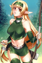 Rule 34 | 1girl, bare shoulders, blonde hair, bow (weapon), breasts, brown eyes, elf, green thighhighs, hairband, holding, long hair, navel, original, pointy ears, quiver, solo, thighhighs, tsuki tokage, weapon