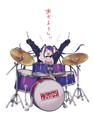 Rule 34 | &gt; &lt;, 1girl, :d, arms up, black jacket, choker, closed eyes, drum, drum set, drumsticks, hair ornament, highres, holding, holding drumsticks, instrument, jacket, long hair, long sleeves, maco22, open mouth, original, purple hair, shirt, simple background, sleeves past fingers, sleeves past wrists, smile, solo, t-shirt, teeth, twintails, upper teeth only, virtual youtuber, white background, white shirt