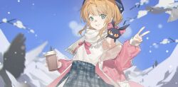 Rule 34 | 1girl, absurdres, animal, animal on shoulder, bird, black hat, black skirt, blonde hair, blue sky, blurry, blurry foreground, blush, bow, bowtie, chinese commentary, commentary request, drink, green eyes, hat, highres, holding, holding drink, jacket, lai dou laile 555, long sleeves, looking at viewer, lucie (millie parfait), millie parfait, millie parfait (3rd costume), mountainous horizon, nijisanji, nijisanji en, pink bow, pink bowtie, pink jacket, plaid, plaid skirt, scarf, shirt, skirt, sky, sleeveless, sleeveless shirt, smile, snow, solo, v, virtual youtuber, white scarf, white shirt