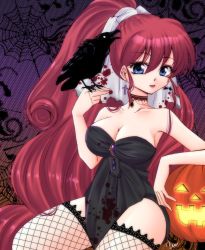 Rule 34 | 1girl, animal, artist name, bare shoulders, bat earrings, bird, black choker, black thighhighs, blue eyes, breasts, brooch, choker, cleavage, cross, cross earrings, crow, dress, earrings, fishnet thighhighs, fishnets, hair ribbon, halloween, halloween costume, holding, holding animal, jack-o&#039;-lantern, jewelry, lace, lace-trimmed thighhighs, large breasts, long hair, looking at viewer, medium hair, parted lips, ranma-chan, ranma 1/2, red hair, ribbon, side slit, signature, silk, sitting, smile, solo, spider web, strapless, strapless dress, thighhighs, uehara doh, very long hair, white ribbon