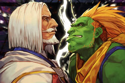 Rule 34 | 2boys, bandana, beard, blanka, blue eyes, blue overalls, colored skin, facial hair, green skin, hungry clicker, jp (street fighter), looking at another, male focus, multiple boys, no eyebrows, orange hair, overalls, spiked hair, street fighter, street fighter 6, vs, white hair, yellow bandana