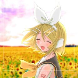 Rule 34 | 1girl, ^ ^, bare shoulders, blonde hair, blurry, blurry background, blush, bow, closed eyes, depth of field, field, flower, flower field, hair bow, hair ornament, hairclip, headset, highres, kagamine rin, neckerchief, nnc225, number tattoo, pink sky, sailor collar, shirt, short hair, shoulder tattoo, sky, sleeveless, sleeveless shirt, smile, solo, sunflower, sunflower field, tattoo, vocaloid, white bow, white shirt, yellow neckerchief