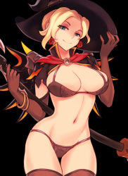 Rule 34 | 1girl, black background, black panties, blonde hair, blue eyes, bra, breasts, cleavage, hat, large breasts, looking at viewer, mercy (overwatch), navel, official alternate costume, overwatch, overwatch 1, panties, sieyarelow, smile, solo, standing, thighhighs, underwear, witch, witch hat, witch mercy