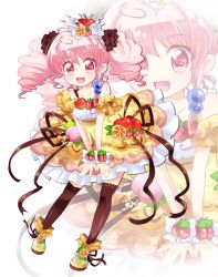Rule 34 | 1girl, :d, apple hair ornament, bow, brown bow, brown thighhighs, collarbone, crepe, food, food-themed hair ornament, food-themed ornament, full body, gongitsune (gongitune2), hair ornament, highres, looking at viewer, open mouth, orange hair ornament, original, personification, pink eyes, pink hair, pocketland, shoes, short hair, skirt, smile, solo, standing, strawberry hair ornament, thighhighs, twintails, v arms, yellow footwear, yellow skirt, zoom layer