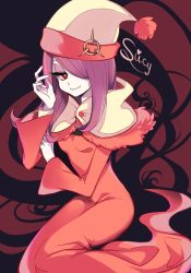 Rule 34 | 1girl, hair over one eye, hat, leila (yurisouls), little witch academia, purple hair, red eyes, smile, solo, sucy manbavaran
